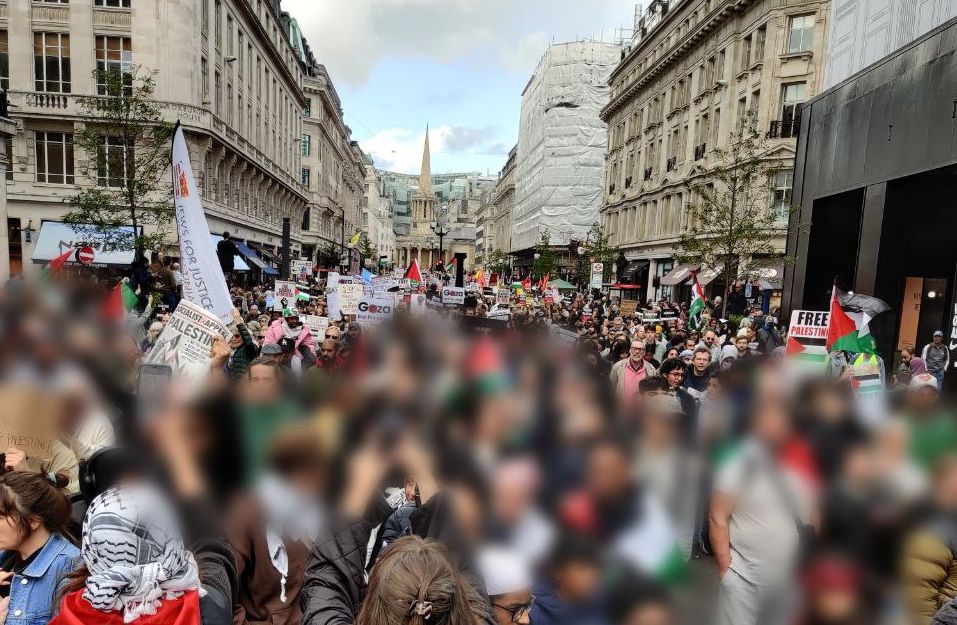Palestine march in London with faces blurred